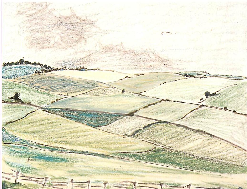 Colored-pencil sketch of the Sussex Downs. The countryside where I grew up in southern England.