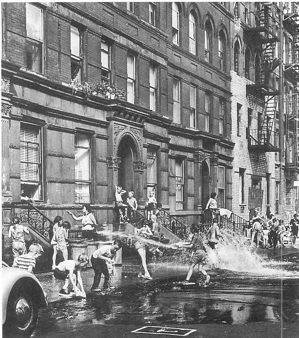 Children playing in a city street, in the summer heat. The fire hydrants and the spray they create, stoops, stairs, sidewalk, knots of children — these centers create the situation.