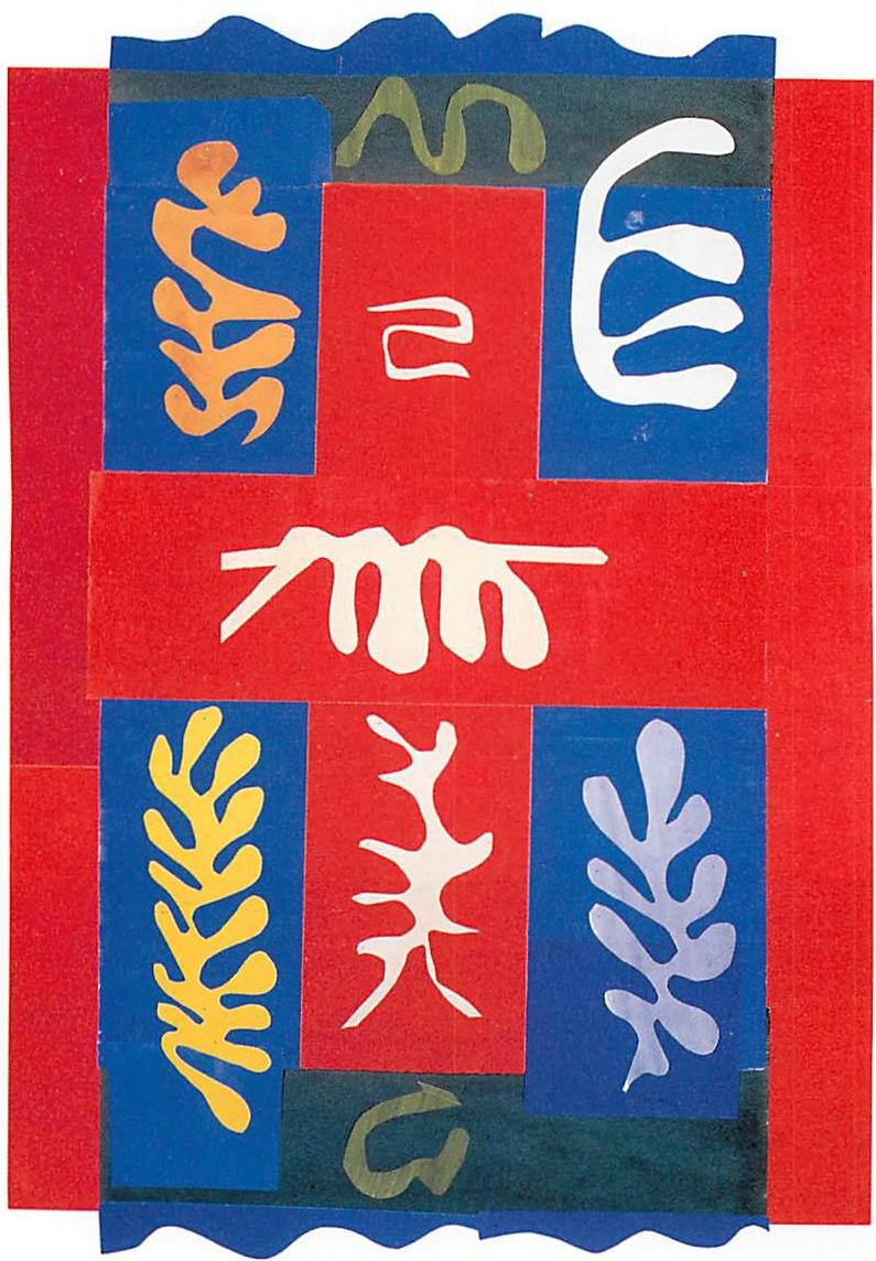 Wonderful alternation in the forms of a cut-paper work by Henri Matisse, using his trademark alternating, wavelike form that comes from the in-and-out cutting of the scissors.