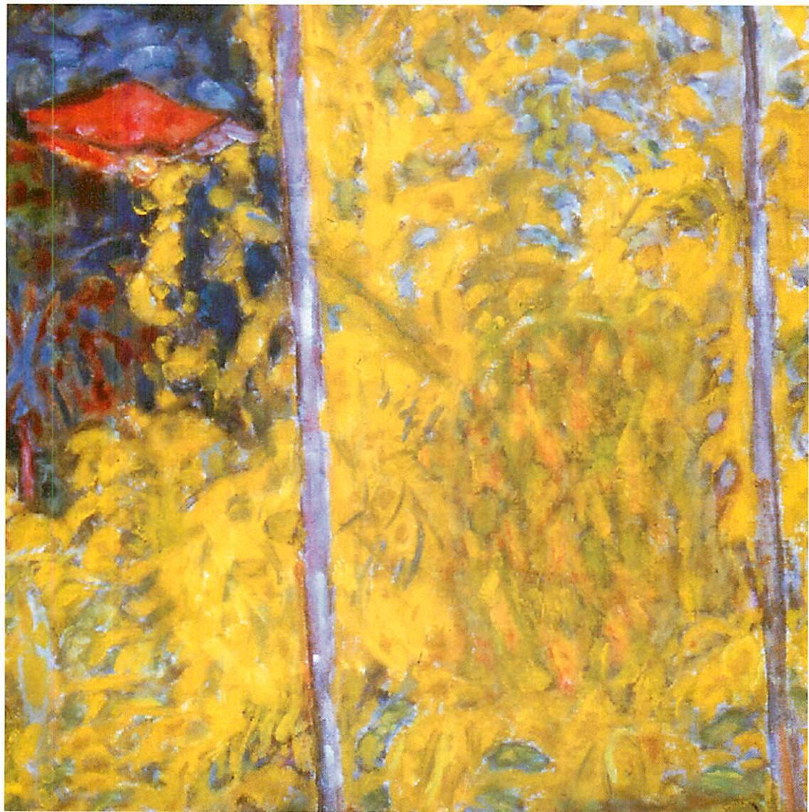 Detail from Pierre Bonnard, The Yellow Mimosa or L'Atelier au Mimosa: the interlock of strands and strands of yellow brush-strokes creates the light.
