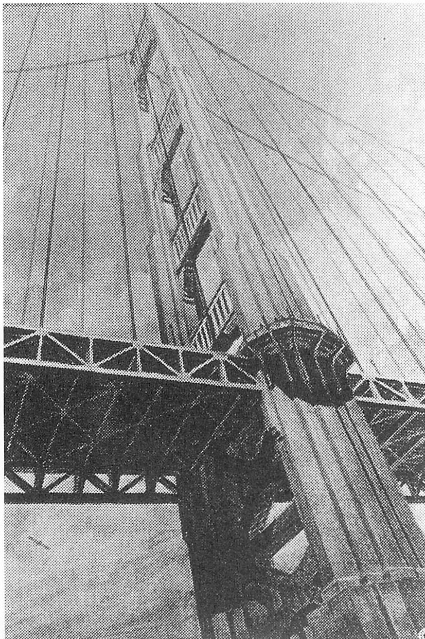 Tower of the Golden Gate Bridge, showing gradients in the bays, steelwork, and gusset plates
