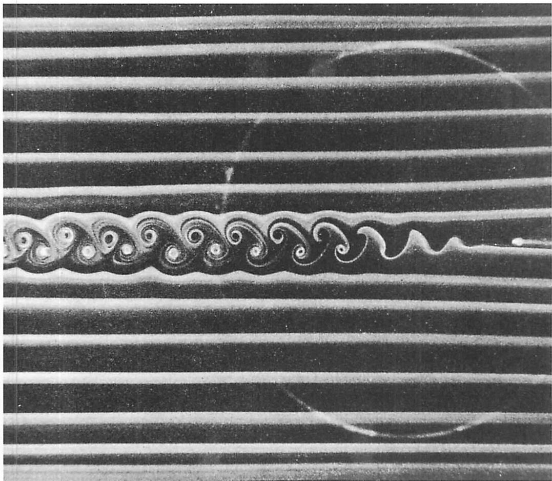 Mid-span wake of an airfoil: the alternating structure of the vortices is plainly visible.