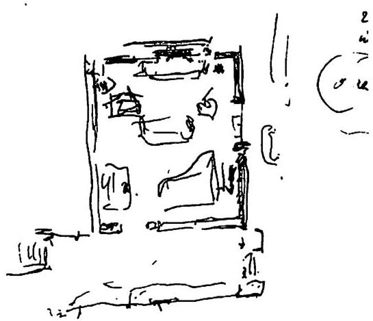 Sketch of reconstruction of the living room at Meadow Lodge, showing how its interior organization is placed in relation to the front hall, the door, the view, the outdoors.