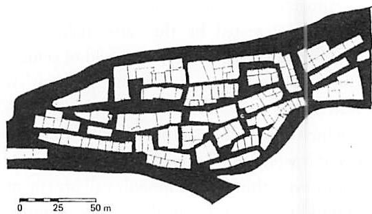 The French village of “G,” from Hillier and Hanson. Here the system of paths and public space is shown in black.