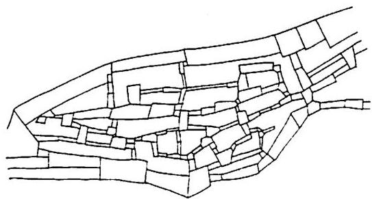 Here the system of paths and public space is shown, subdivided into its component positive spaces, or convex spaces.
